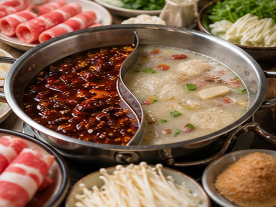 Chinese hot pot with spicy and mild broth