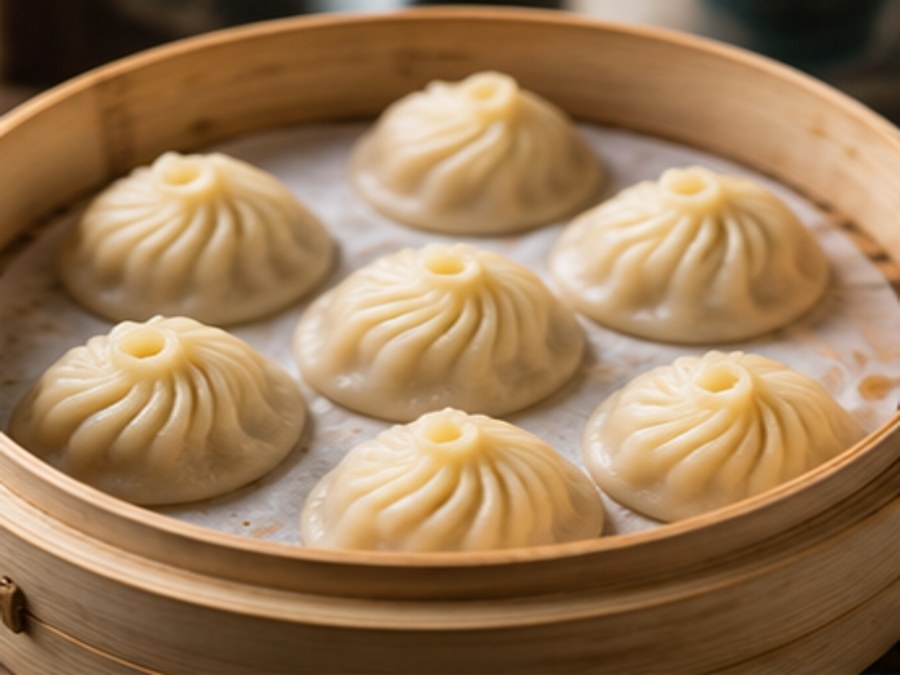 Xiaolongbao soup dumplings in a bamboo steamer